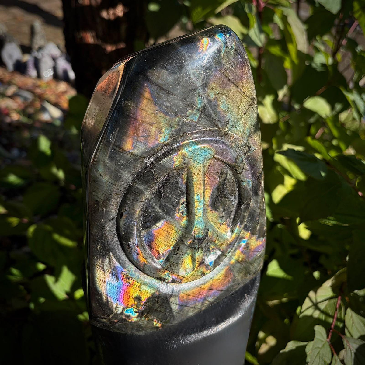 Large Labradorite Peace Symbol Crystal Carving | 2.98kg Rainbow Flash
