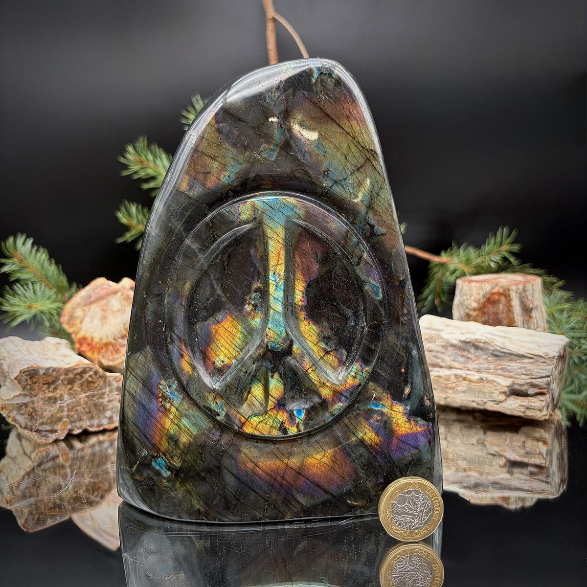 Large Labradorite Peace Symbol Crystal Carving | 2.98kg Rainbow Flash