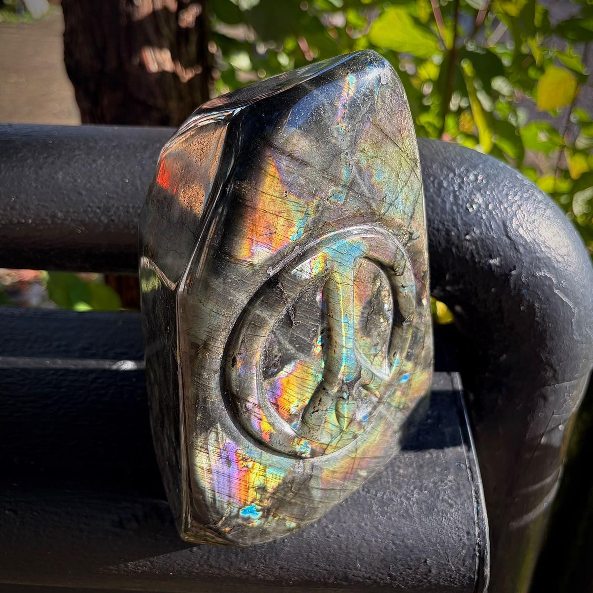 Large Labradorite Peace Symbol Crystal Carving | 2.98kg Rainbow Flash