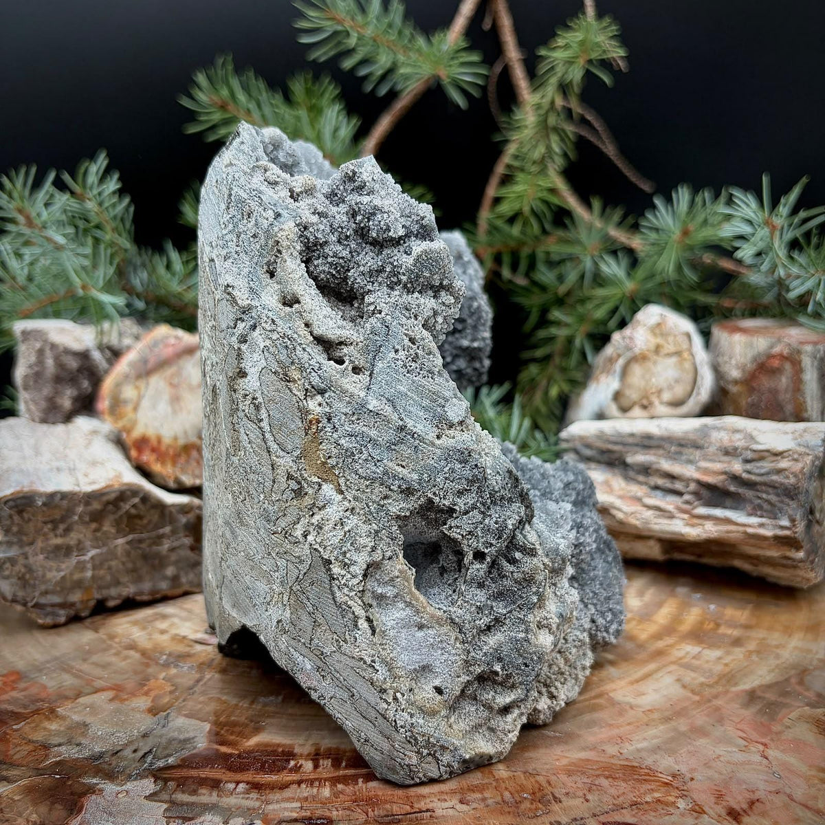 Black Chalcedony Crystal Geode Cutbase | Freestanding Crystal Display | ACB-53