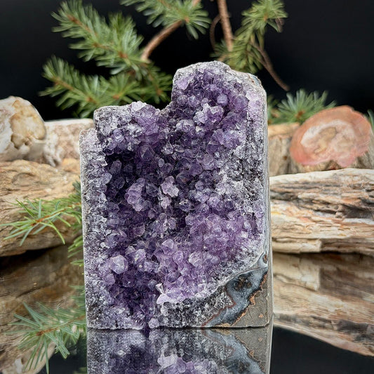Natural quartz crystals displayed in an individual freestanding mineral formation.
