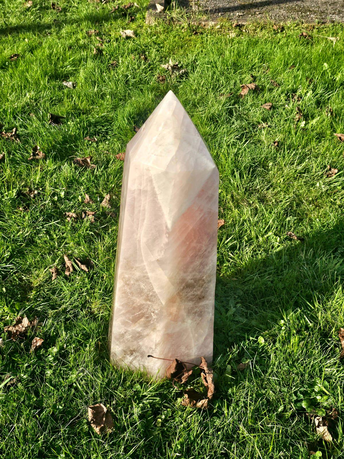 Decorative large Rose Quartz and Smoky Quartz freestanding tower