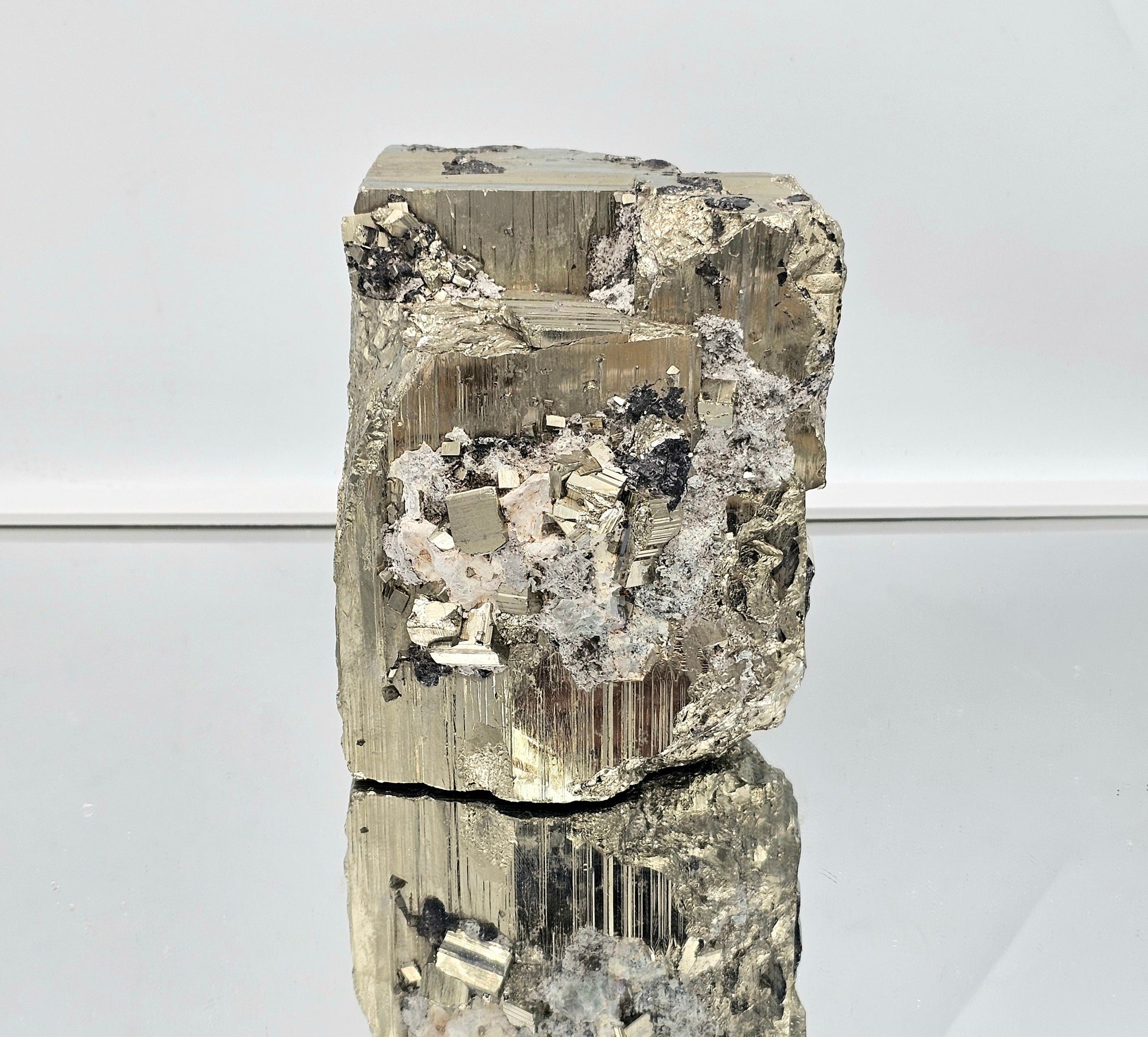 Exceptional High Grade Natural Peruvian Pyrite Crystal Cube with Mangano Calcite.
