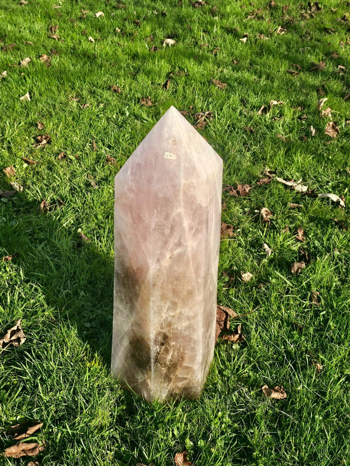 Hand-polished Rose Quartz and Smoky Quartz crystal tower