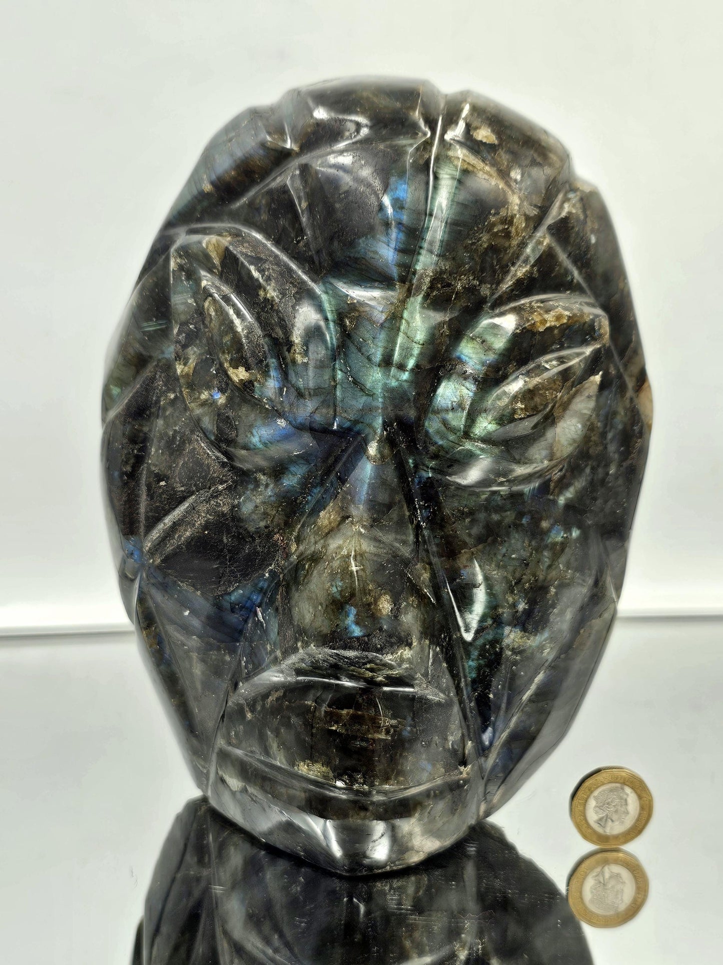 Handcrafted Labradorite crystal face carving from Madagascar"
