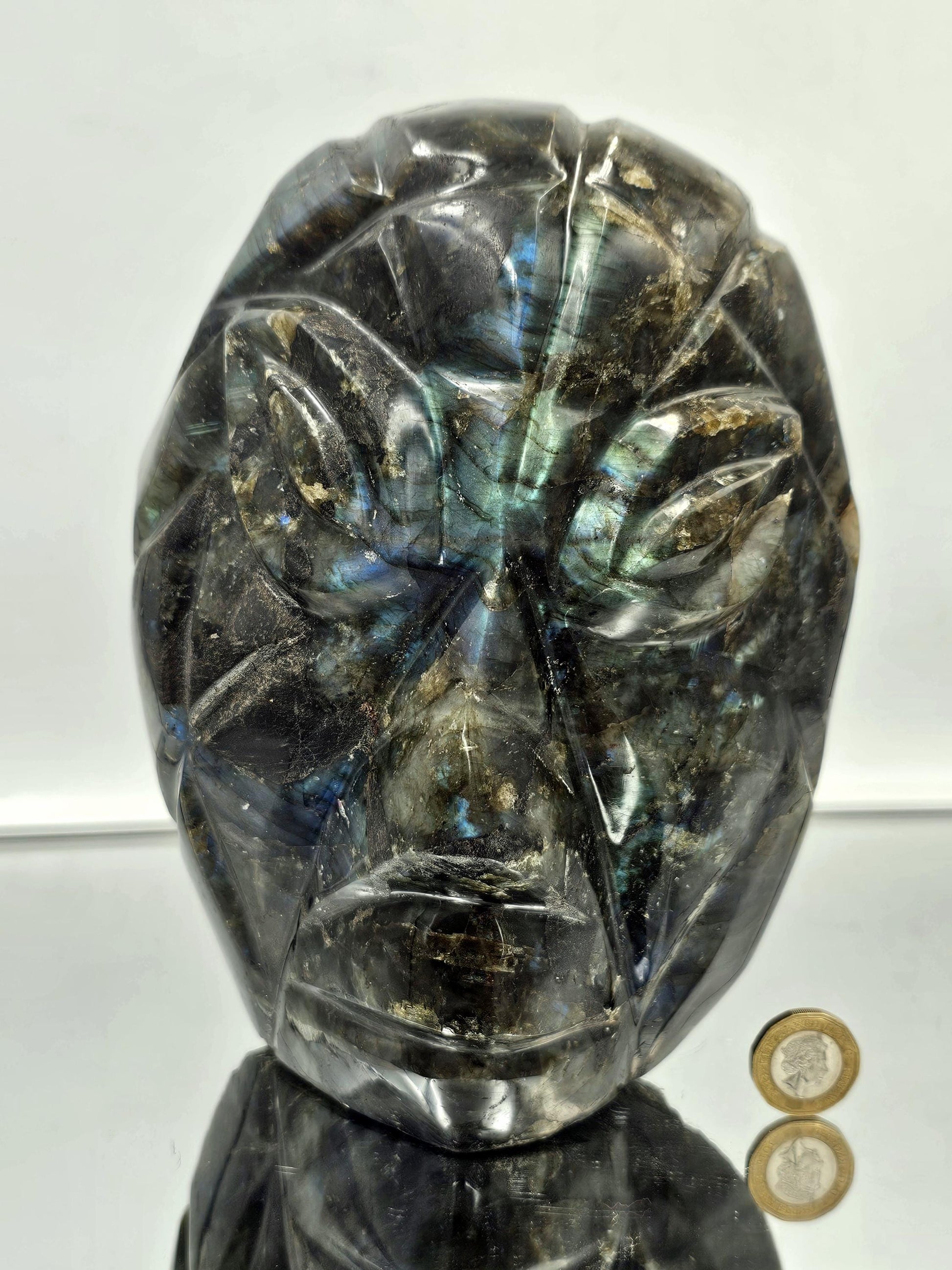 Handcrafted Labradorite crystal face carving from Madagascar"