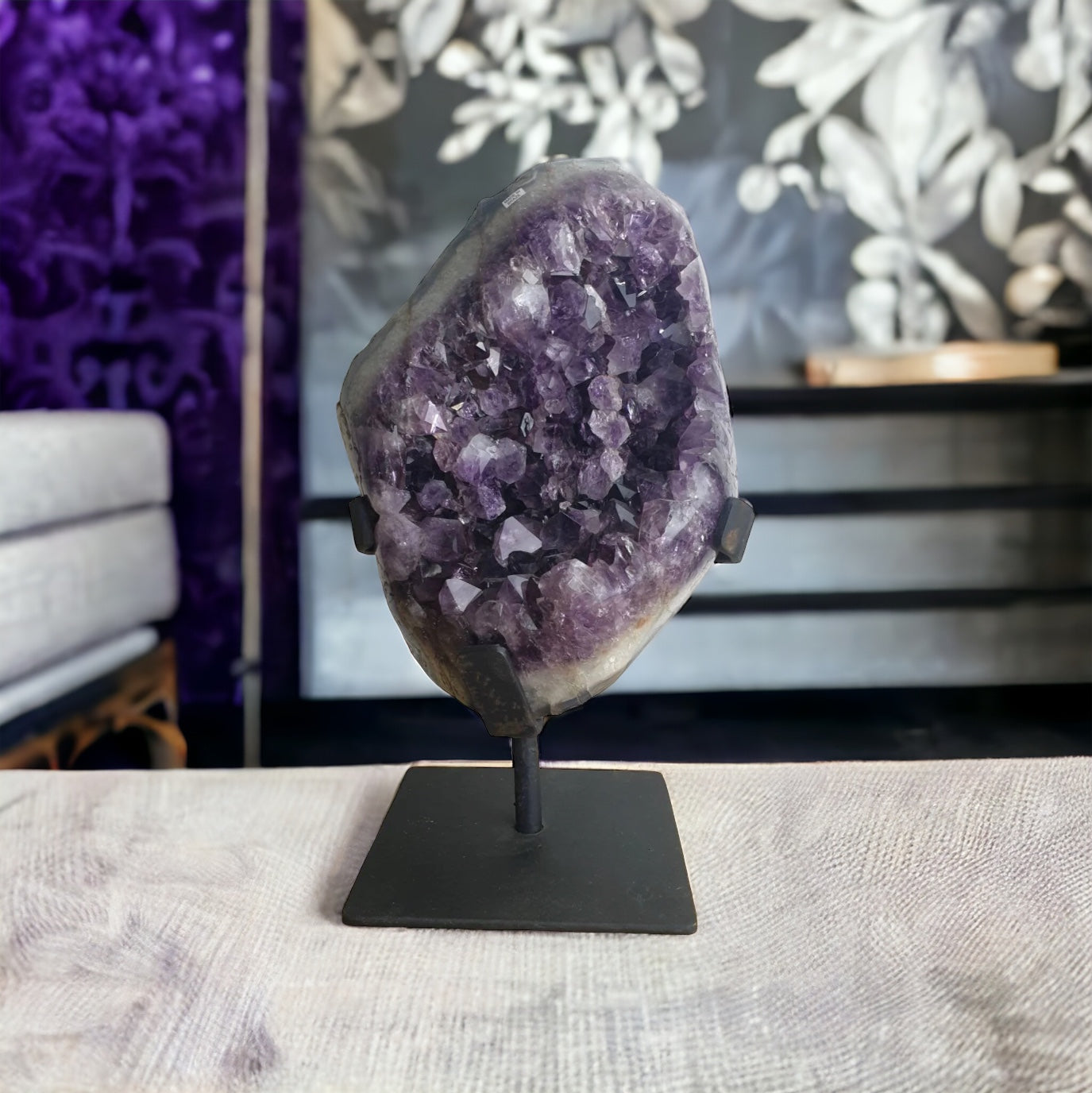 Large amethyst crystal on black custom made stand display crystals holistic home decor