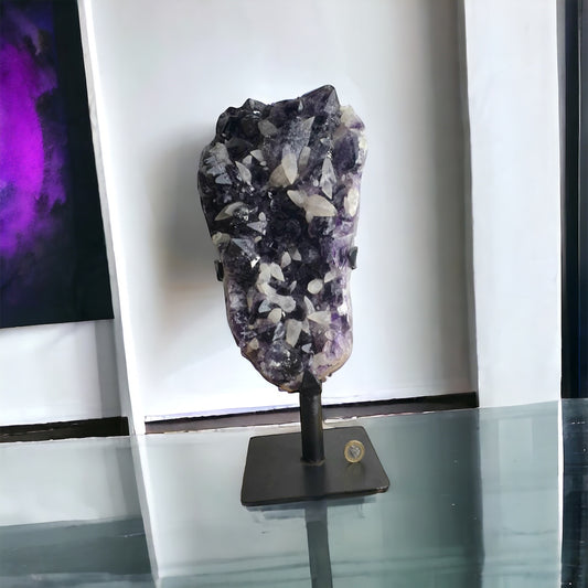  Large Amethyst Crystal + Calcite on Custom Stand
