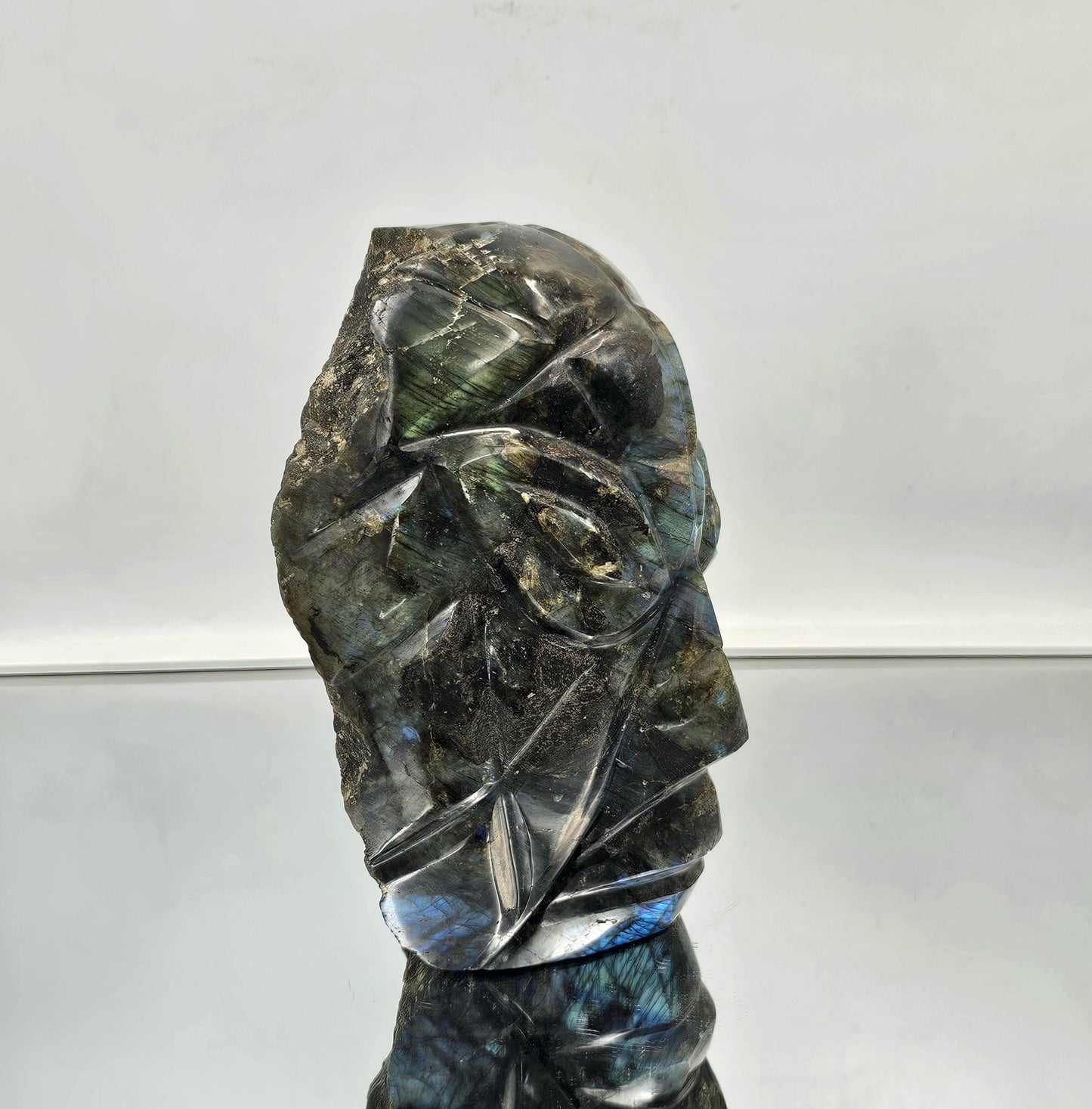 Labradorite carving art piece with polished and raw surfaces