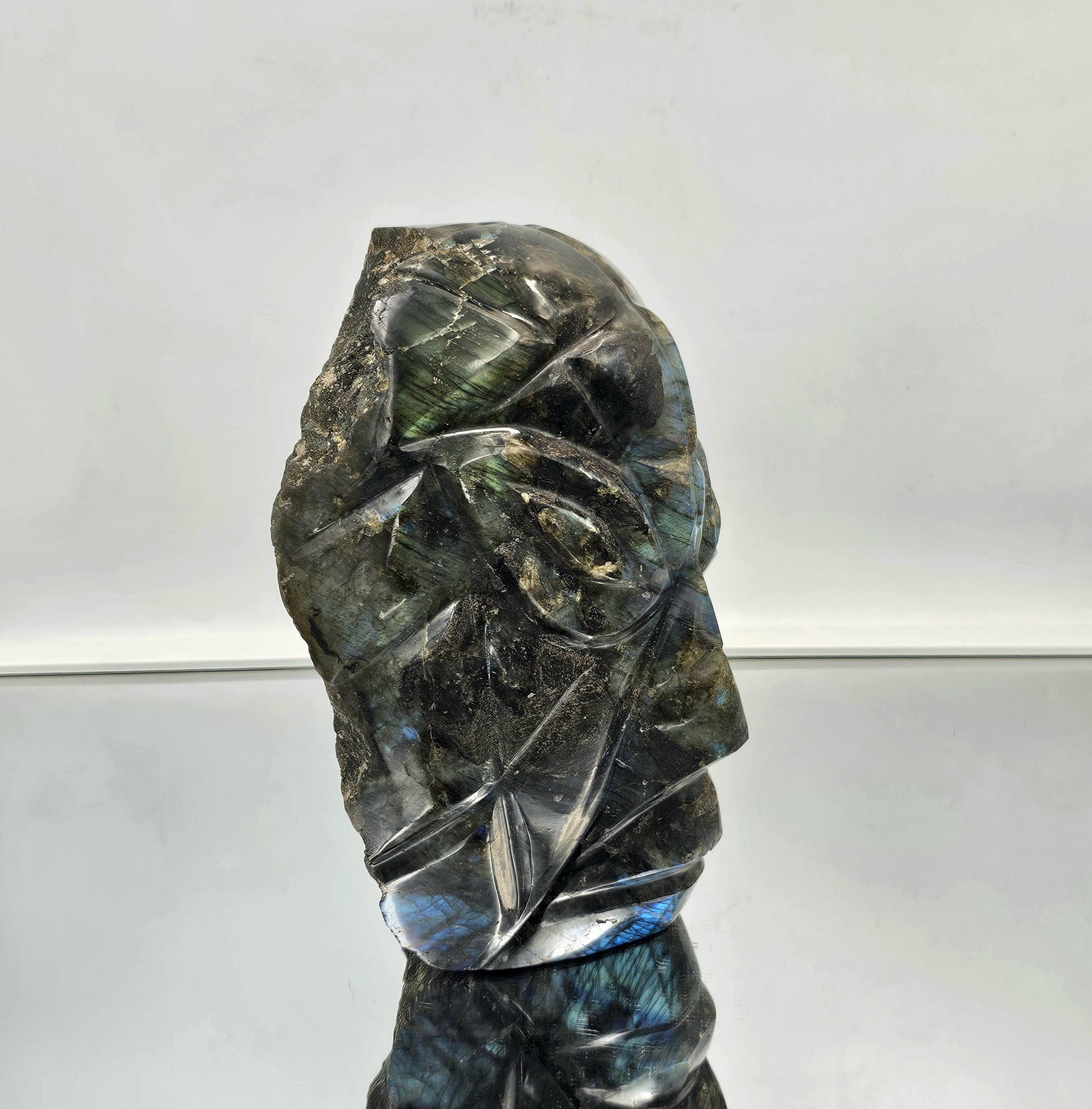 Labradorite carving art piece with polished and raw surfaces