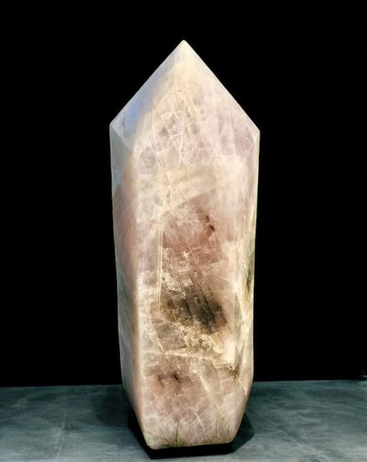 Large Rose Quartz and Smoky Quartz tower with natural pink and smoky tones