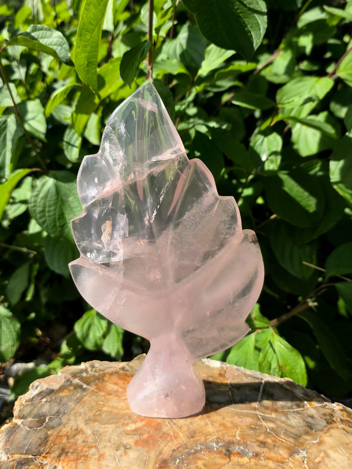 Elegant botanical Rose Quartz sculpture with natural blush tones.