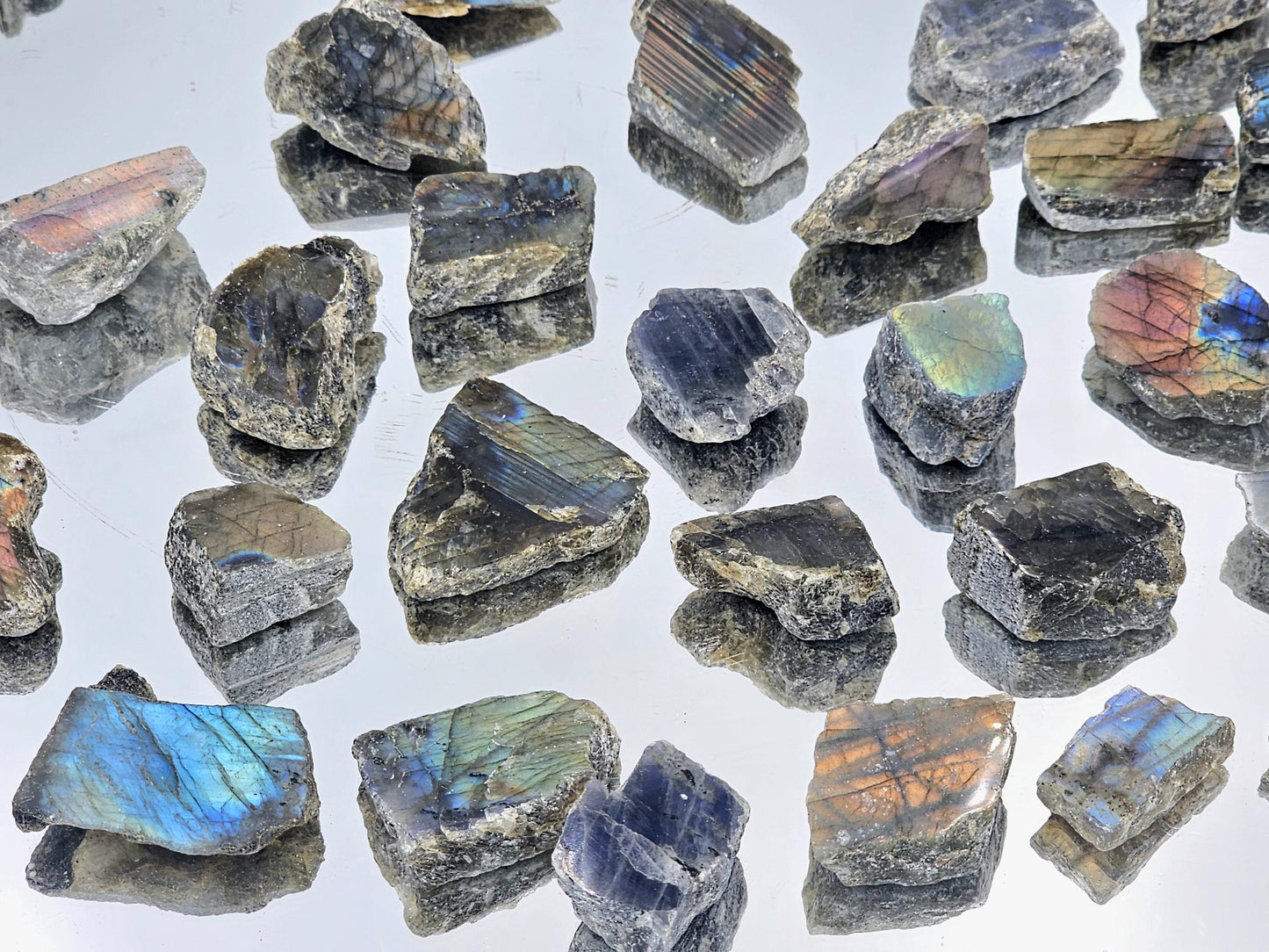 Natural Labradorite slices with stunning iridescent hues, 150g batch from Madagascar.