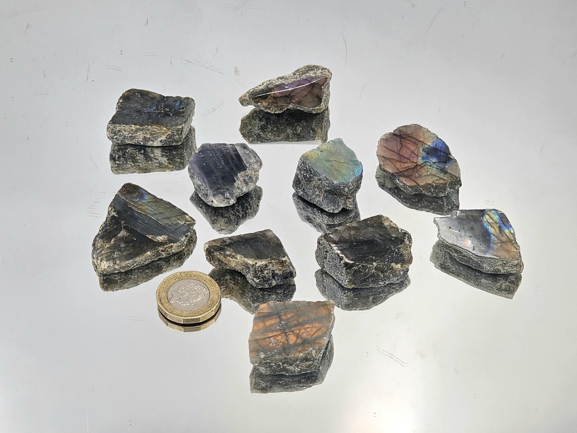 Polished Labradorite crystal slices, perfect for crafting, décor, or crystal enthusiasts