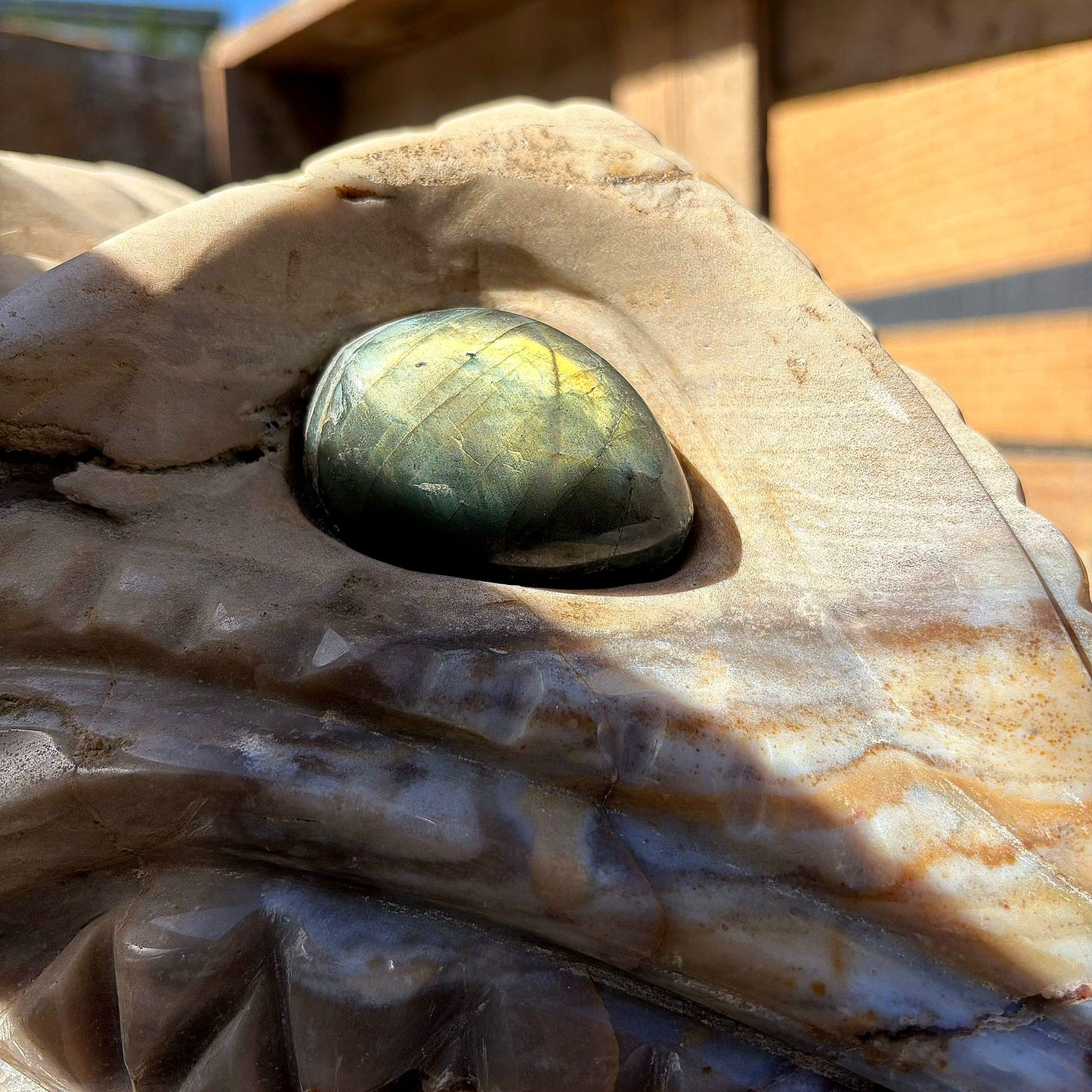 agate banding detail on crocodile sculpture