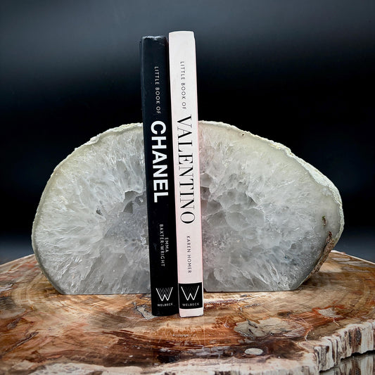 Natural Agate bookends with organic stone patterning suited to contemporary interior styling.
