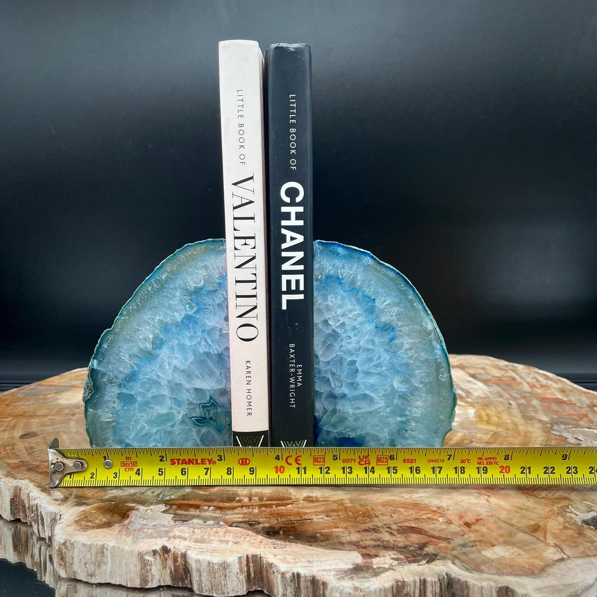 Agate bookends used as shelf decor