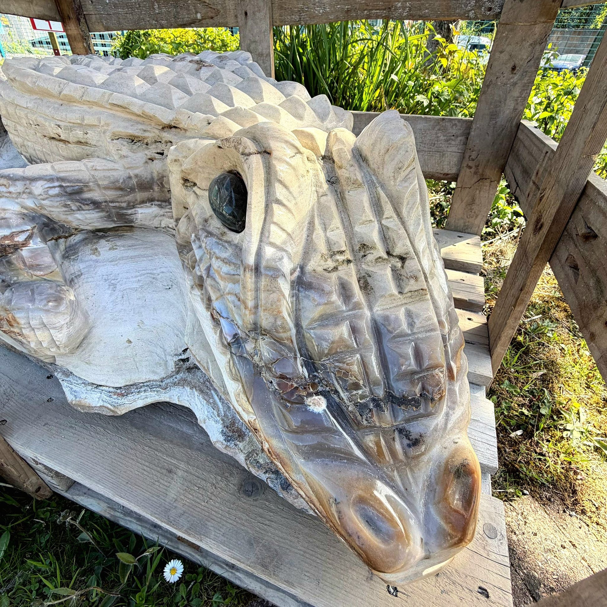 top view of agate crocodile carving detail
