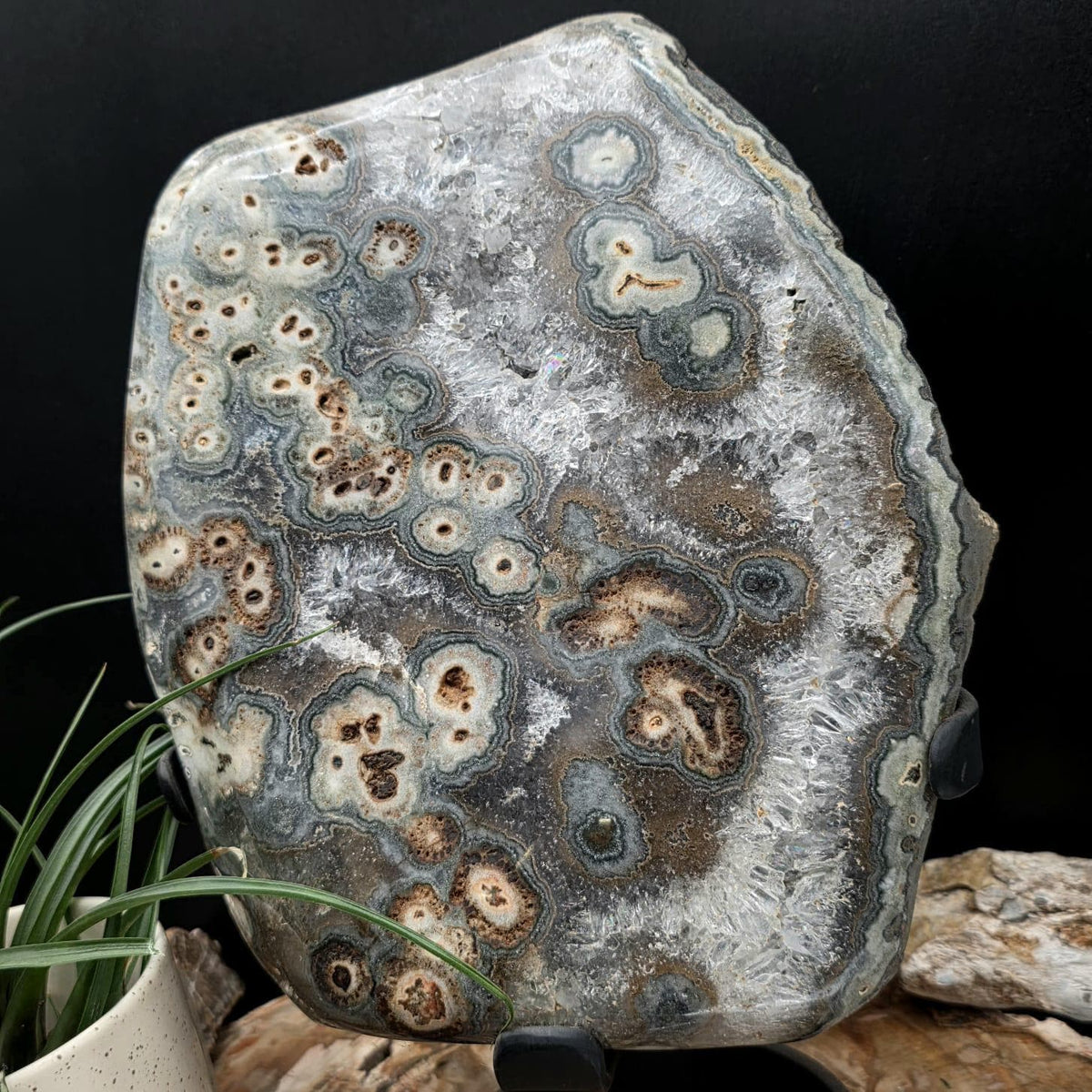 Large polished Agate and Quartz mineral presented with its custom display stand.