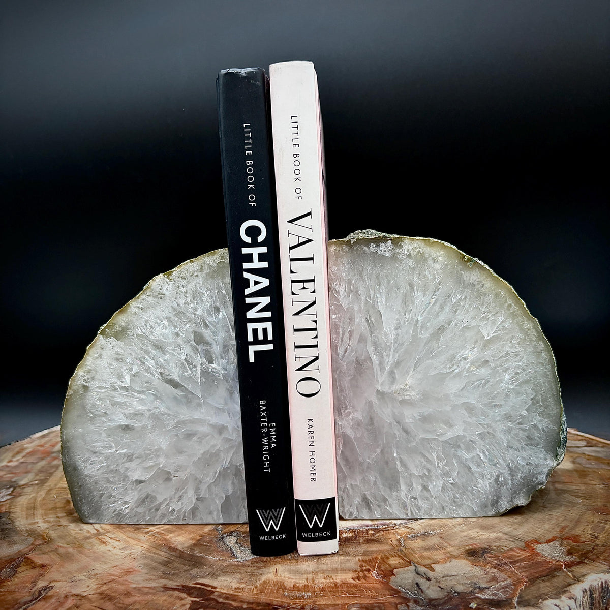 Natural Agate stone bookends with decorative mineral patterning for luxury interior styling.