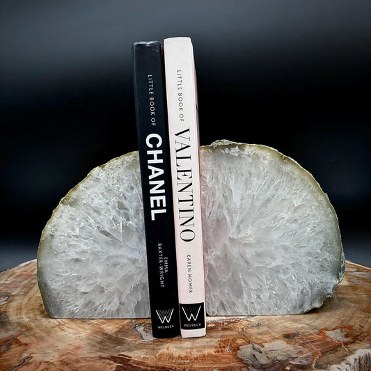 Natural Agate stone bookends with decorative mineral patterning for luxury interior styling.