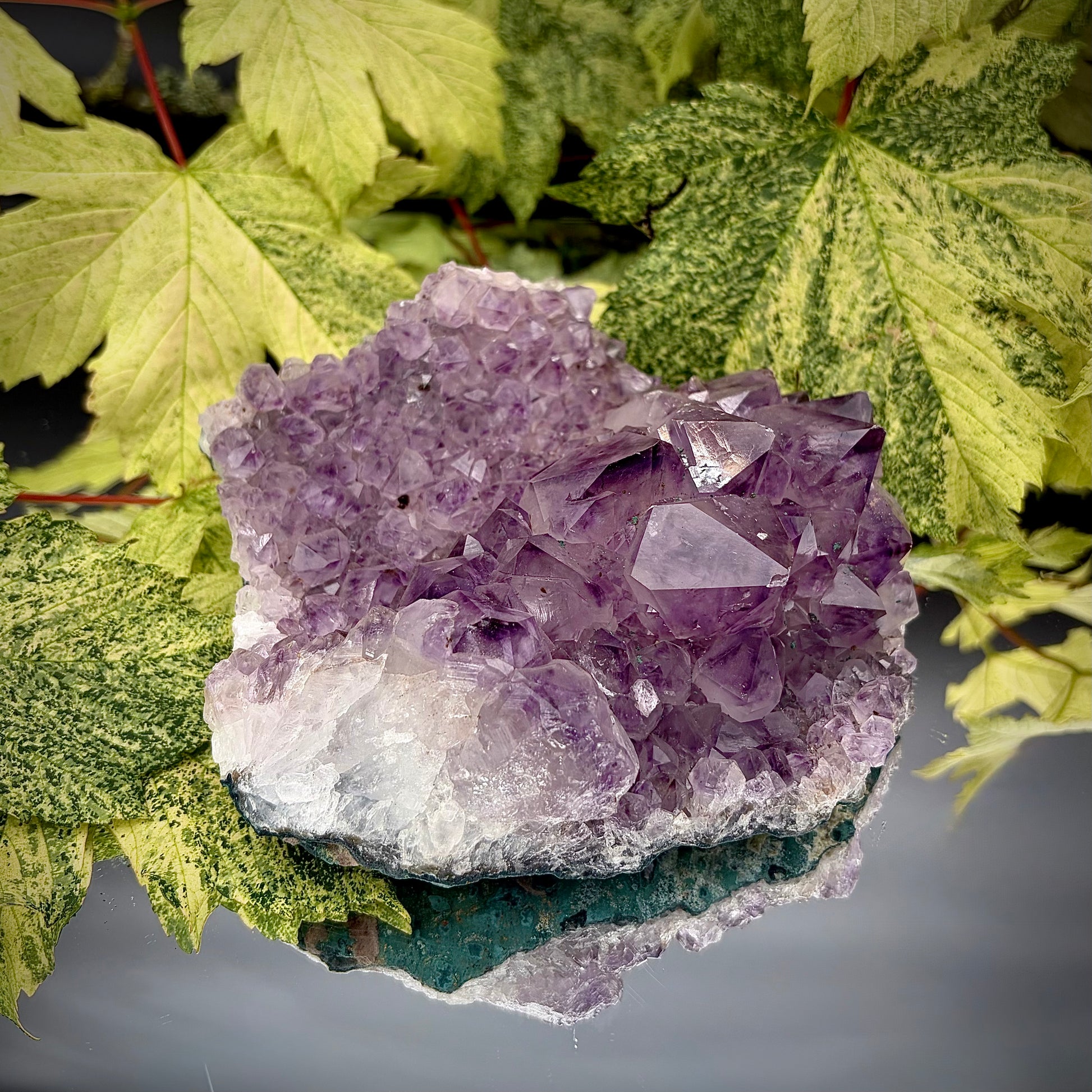 Natural amethyst crystal cluster with purple crystal points displayed on a reflective surface.