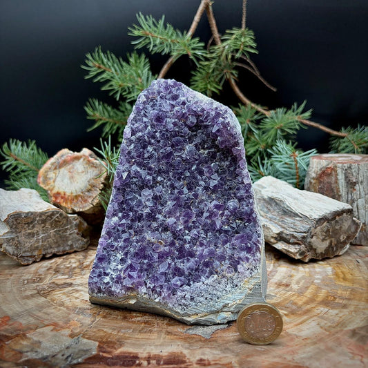 Natural Amethyst crystal cluster cut base featuring purple quartz crystal points and a freestanding mineral formation.