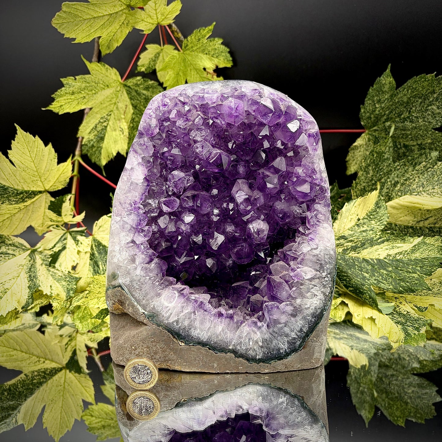 Uruguayan amethyst freeform showing sparkling purple crystals with pound coin for scale.
