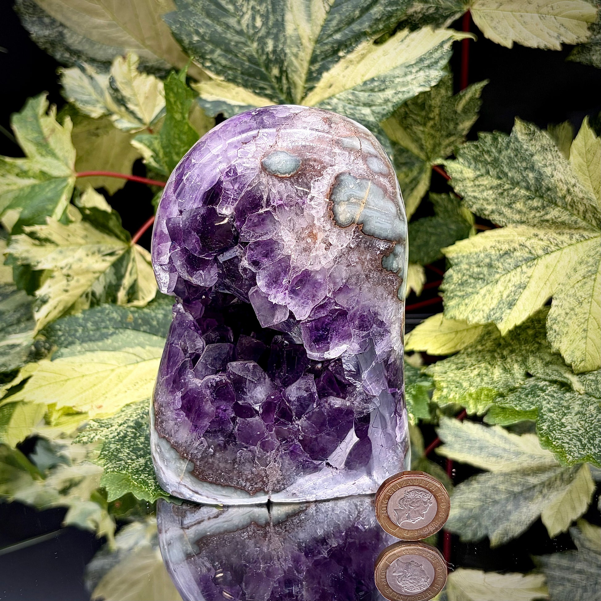 Uruguayan amethyst freeform showing sparkling purple crystals with pound coin for scale.