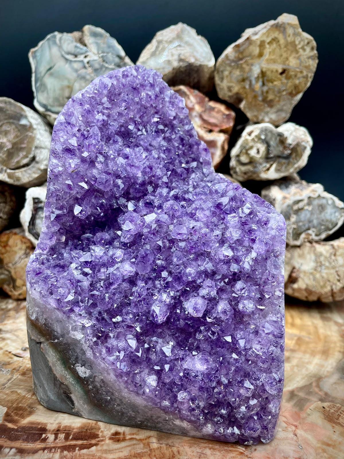 Freestanding Amethyst cut base natural crystal specimen