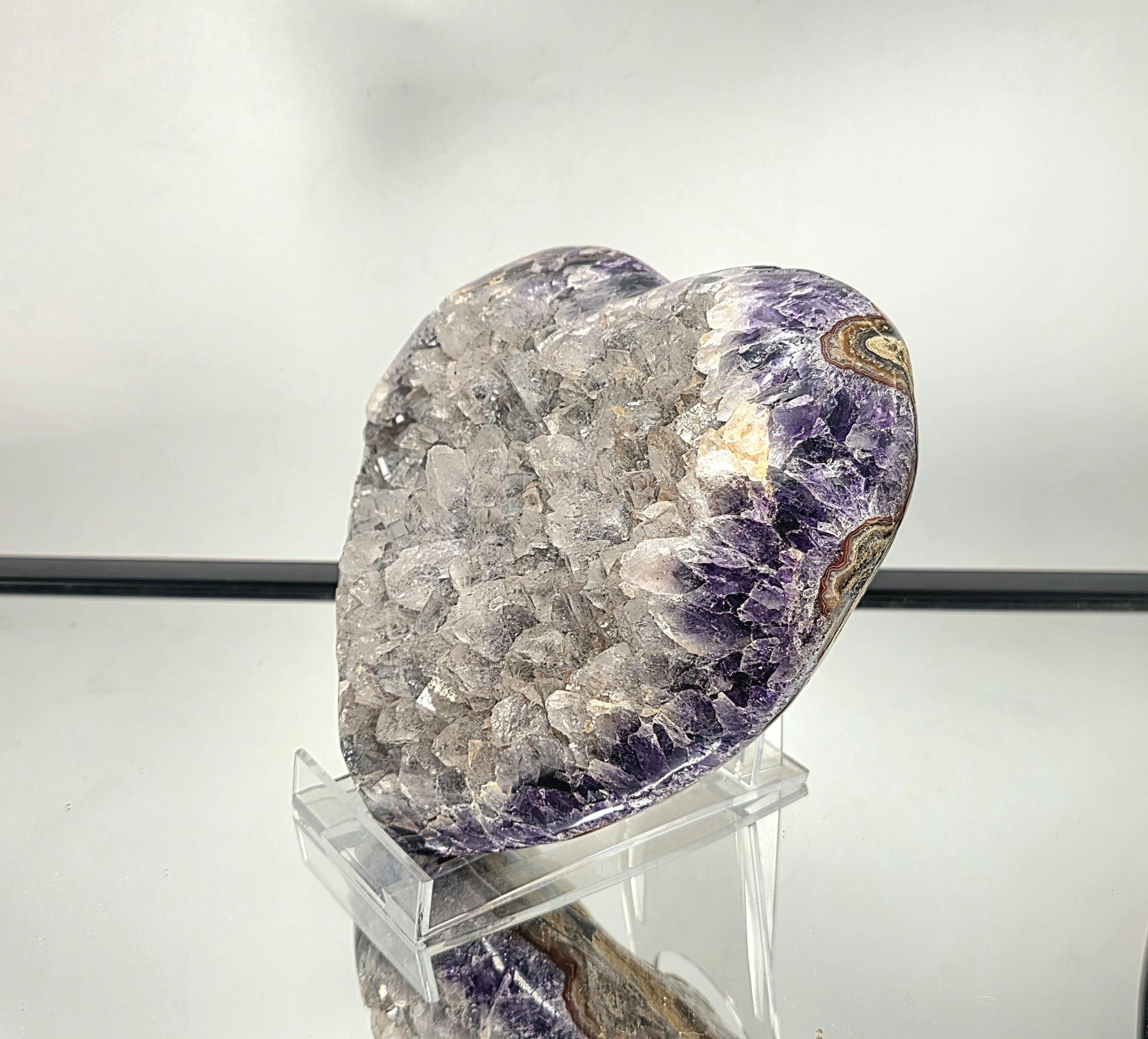 Amethyst & Quartz Crystal Heart in extra large size, polished and display-ready.