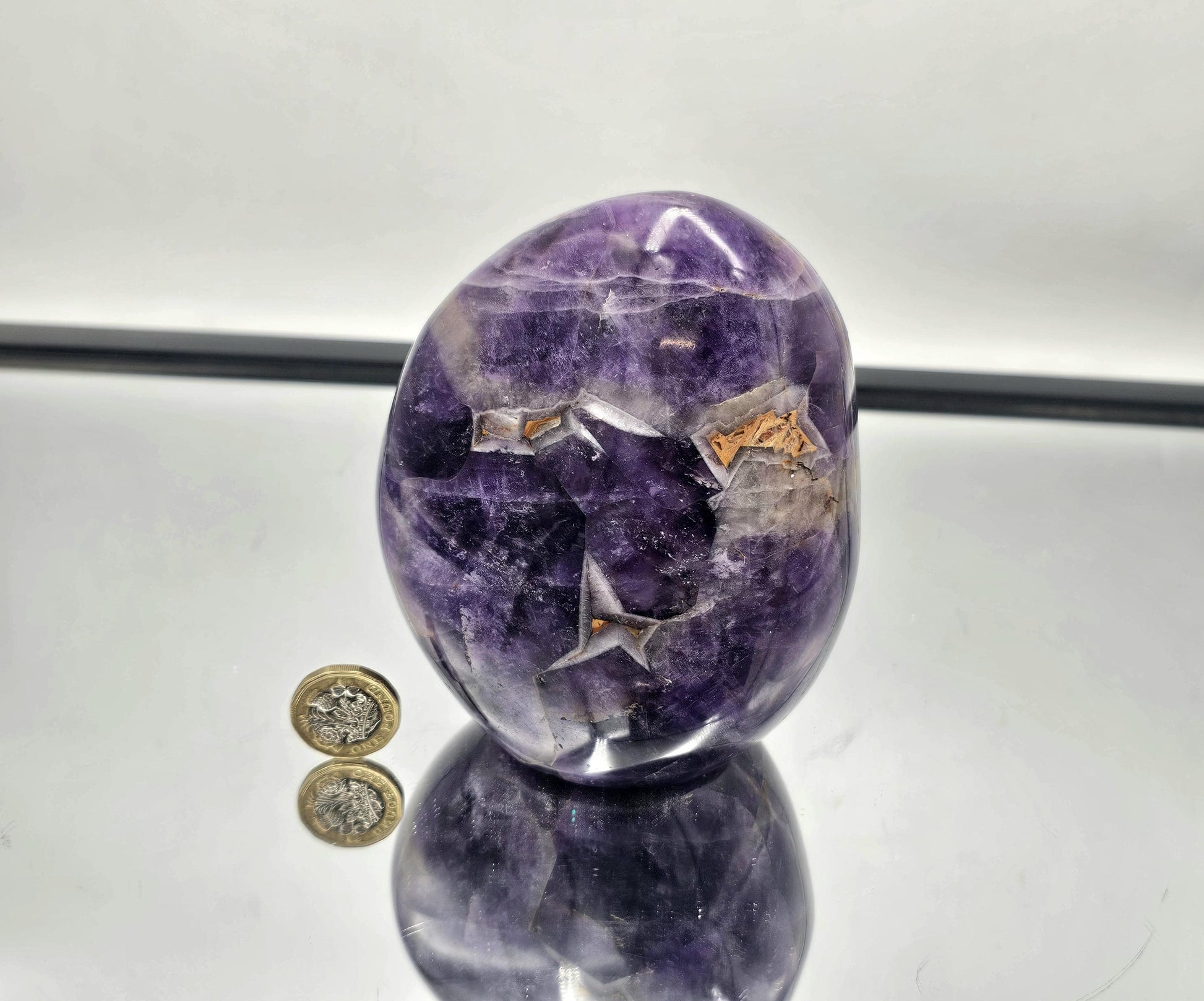 Large Dark Amethyst and Quartz crystal freeform with unique, striking patterns.