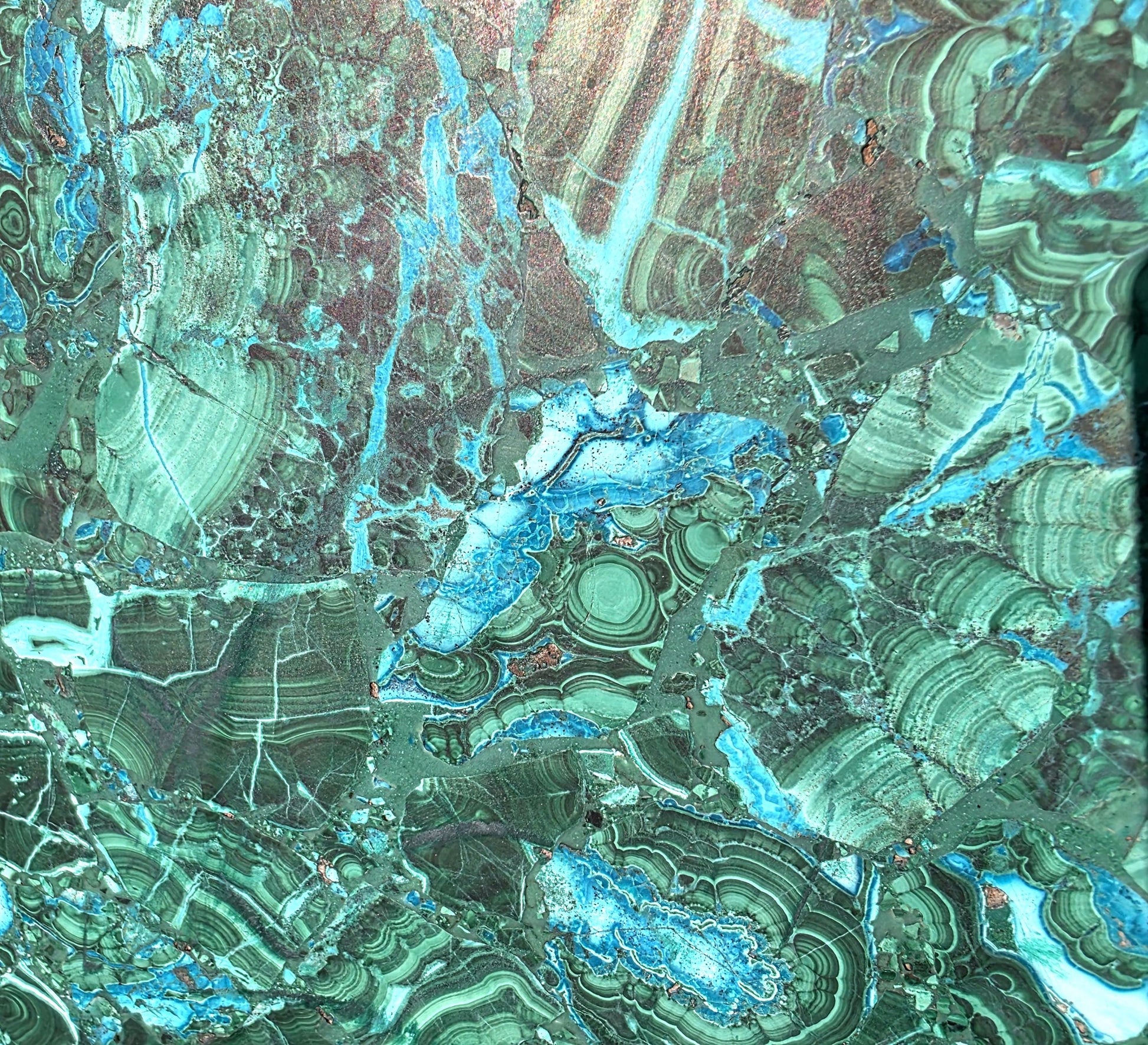 Artisan-crafted Malachite & Chrysocolla table with vivid natural colours.