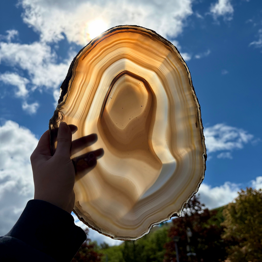 A premium pair of XL agate slices showing beautiful light transmission through the chalcedony bands.