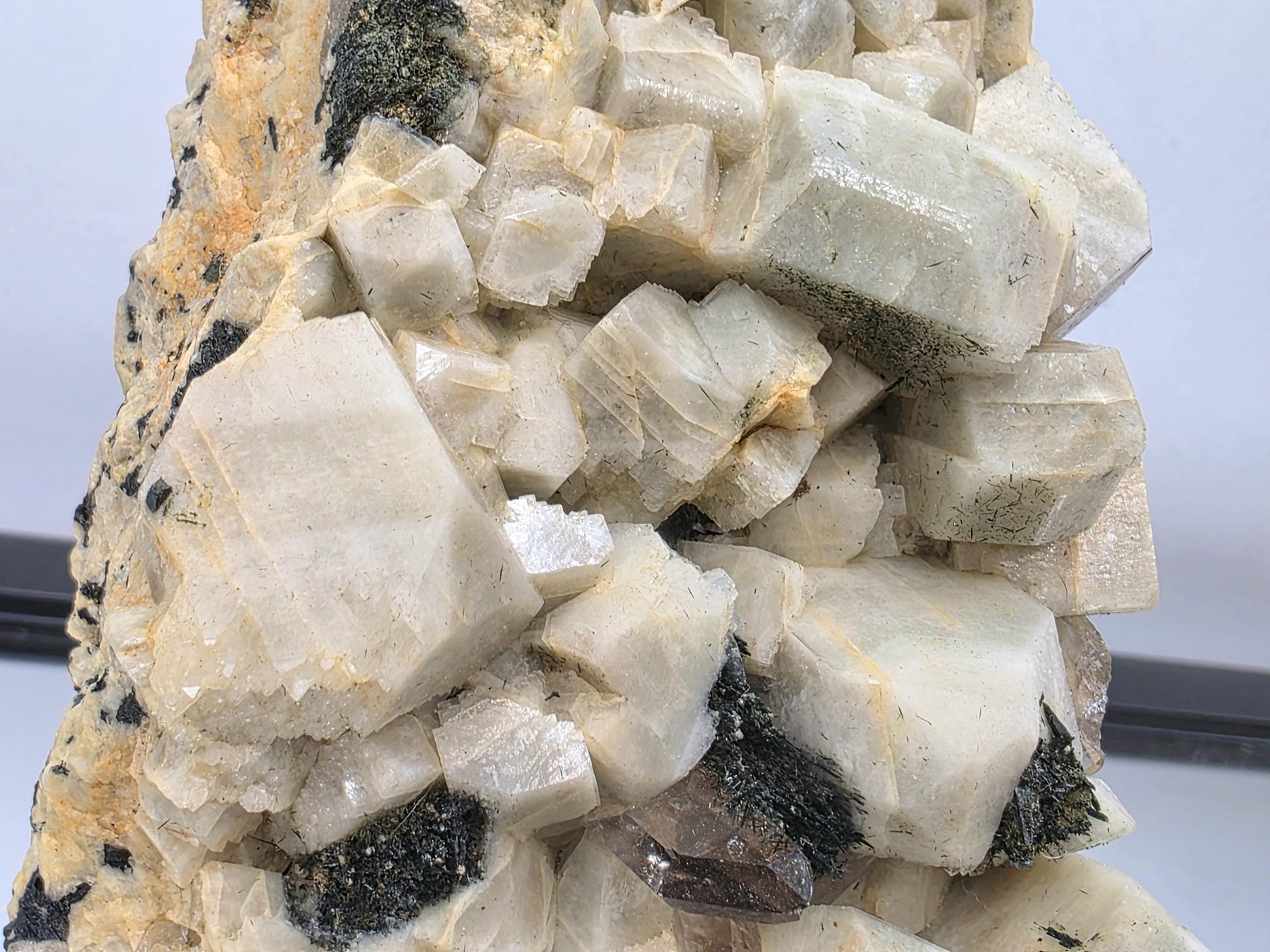 Dramatic mineral specimen with dark Aegirine and translucent Quartz crystals.
