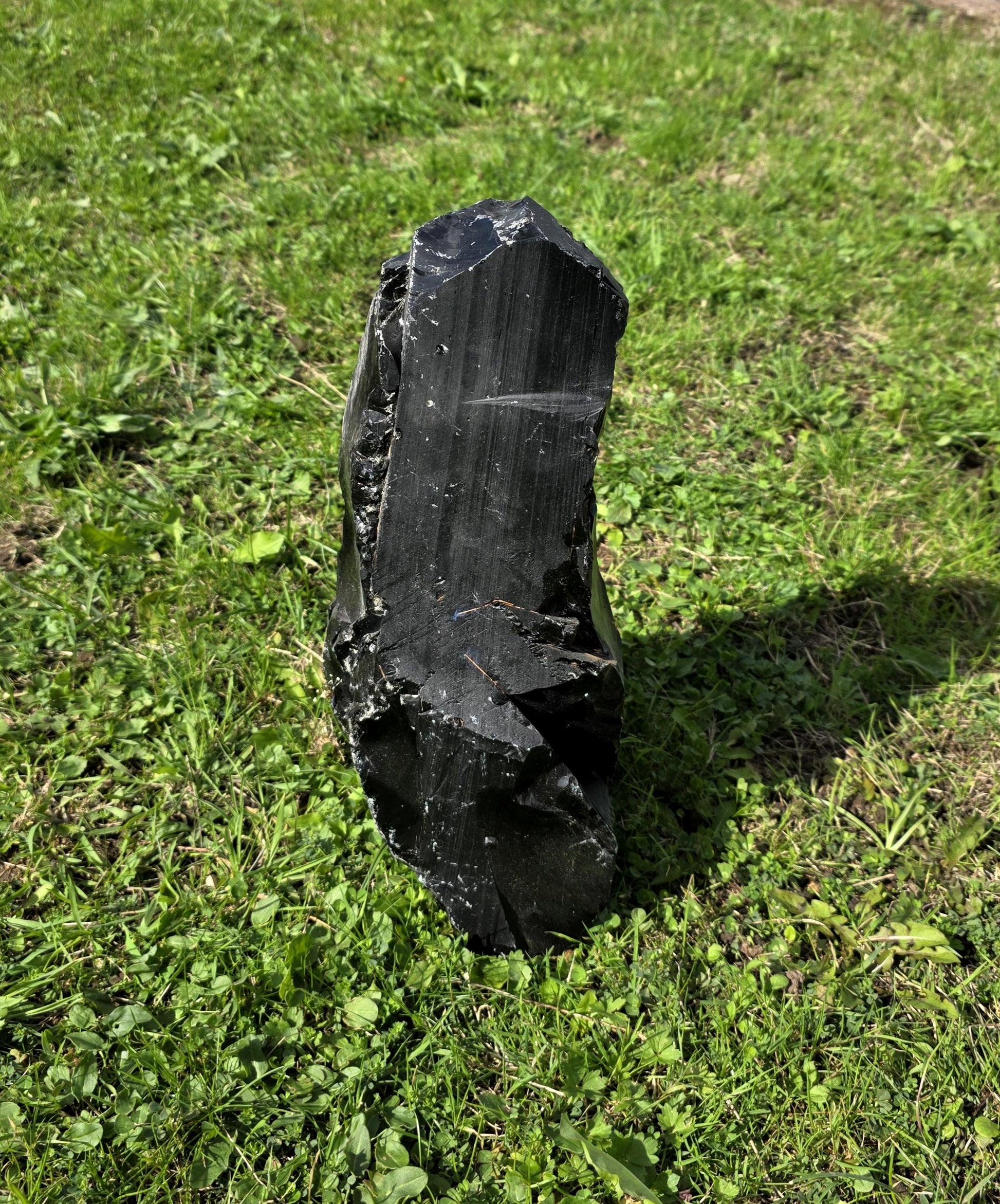XL Black Obsidian raw freestanding crystal, polished look.