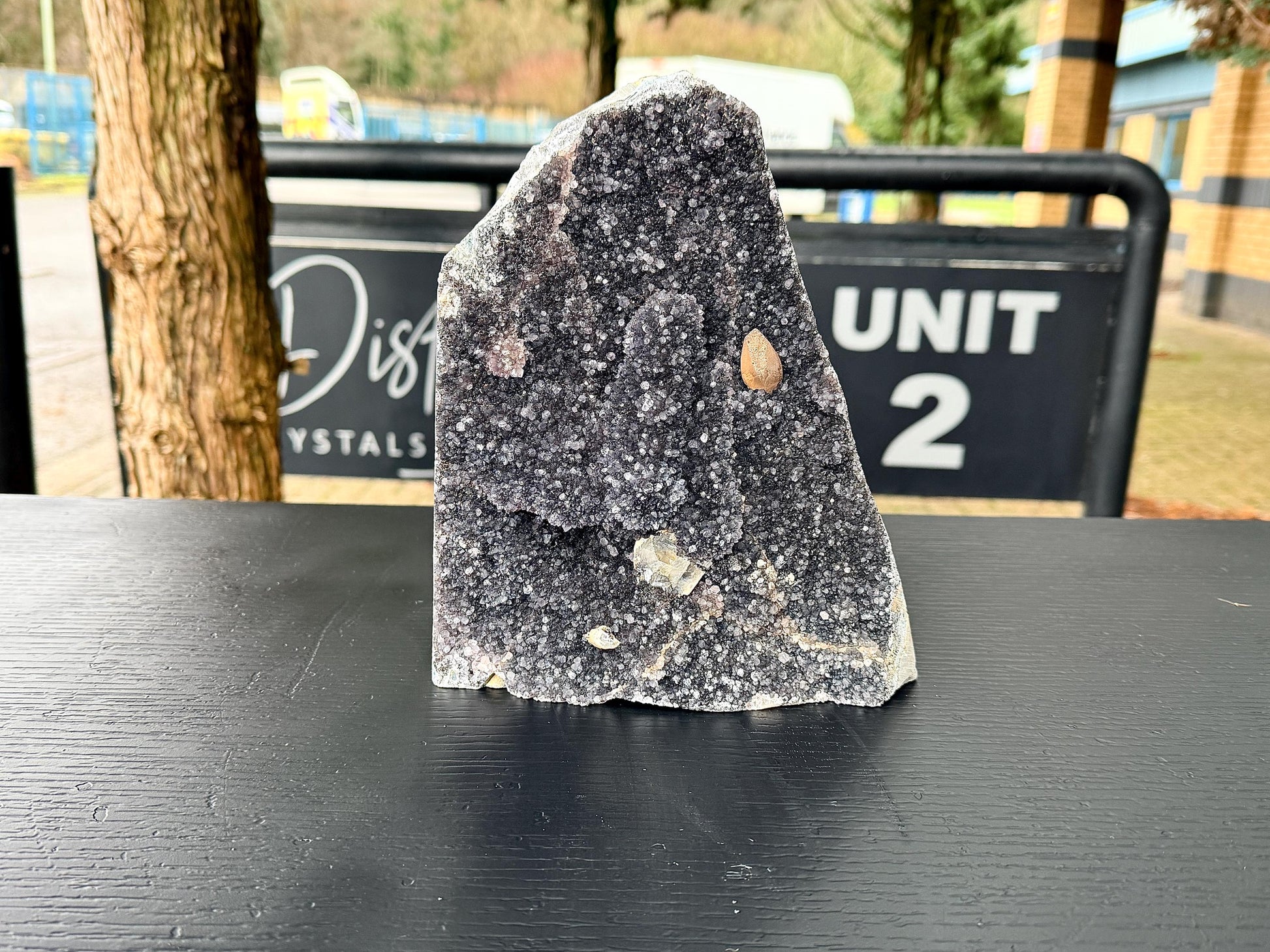 freestanding black amethyst crystal with dogtooth calcite