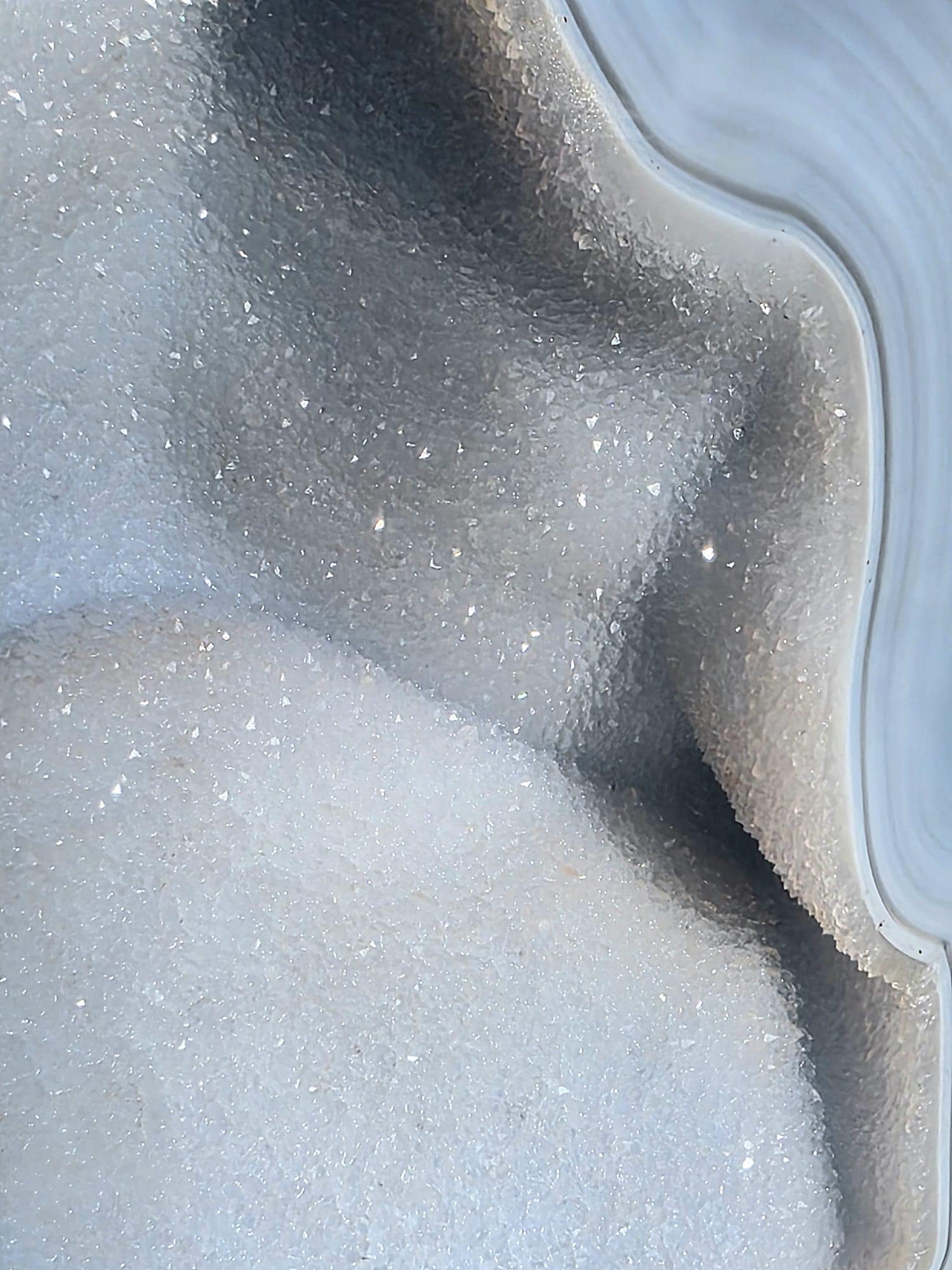 Close up of blue agate geode druzy crystal formation