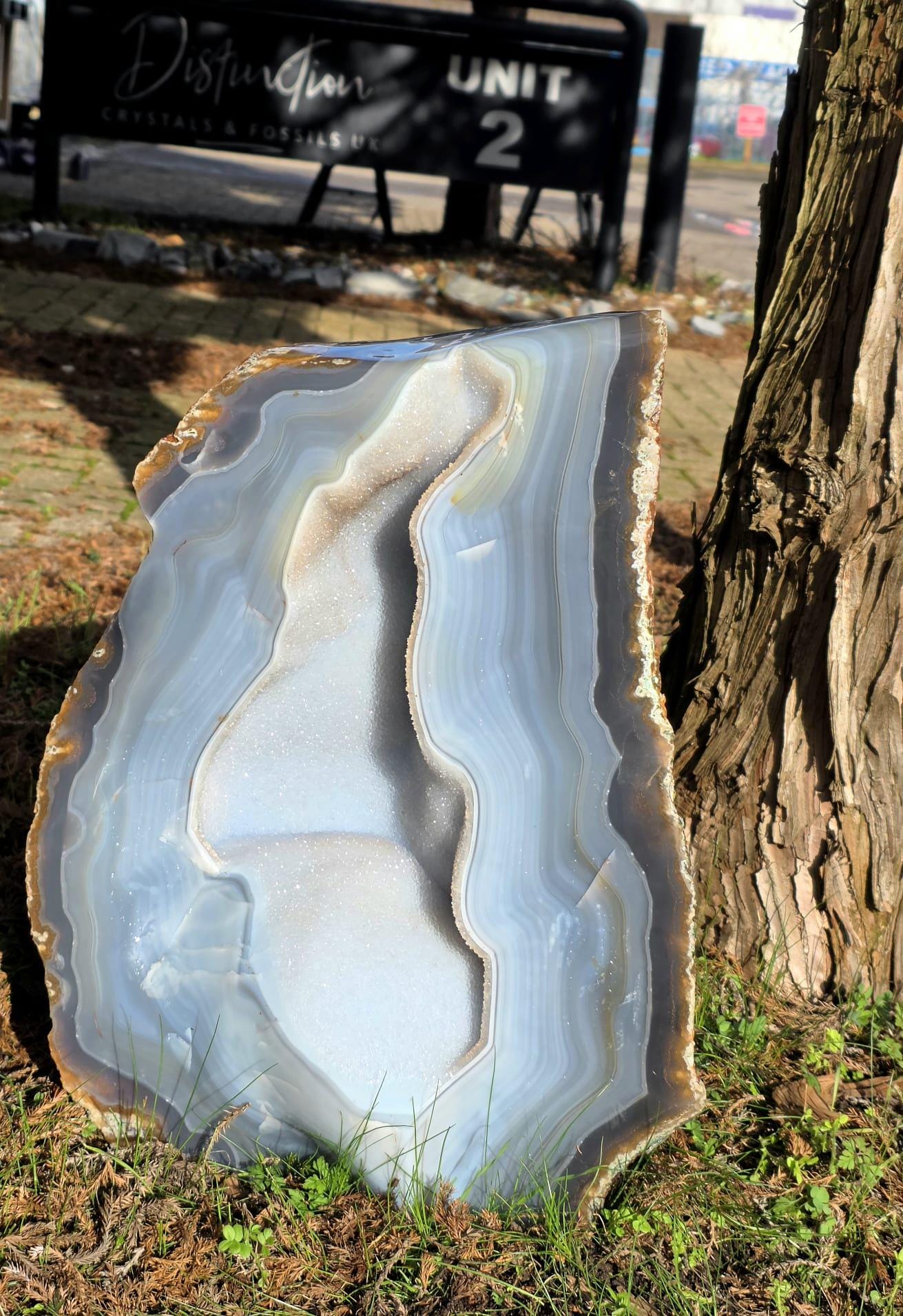 Blue agate geode crystal display piece with natural druzy interior
