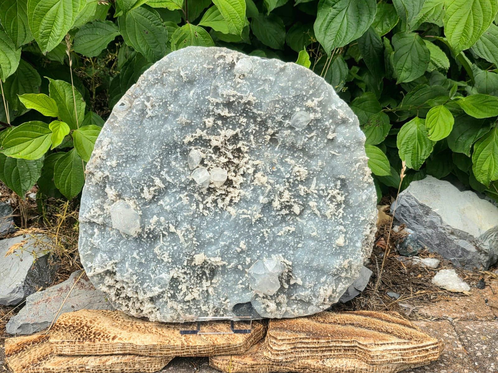 Blue Chalcedony and Apophyllite mineral specimen with natural crystal formation detail