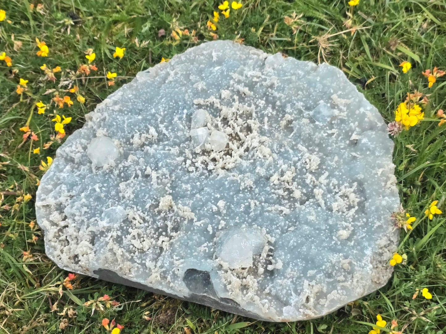 Blue Chalcedony mineral specimen with sparkling Apophyllite crystals and natural matrix