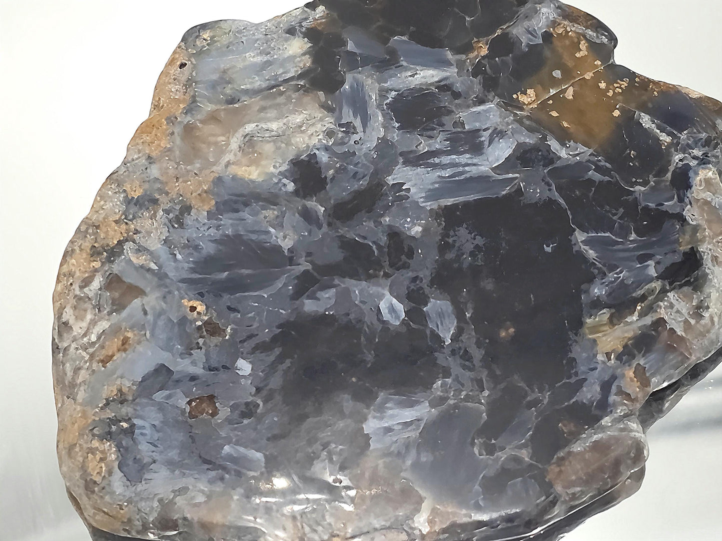 Close-up of polished Pietersite with blue and gold fibers