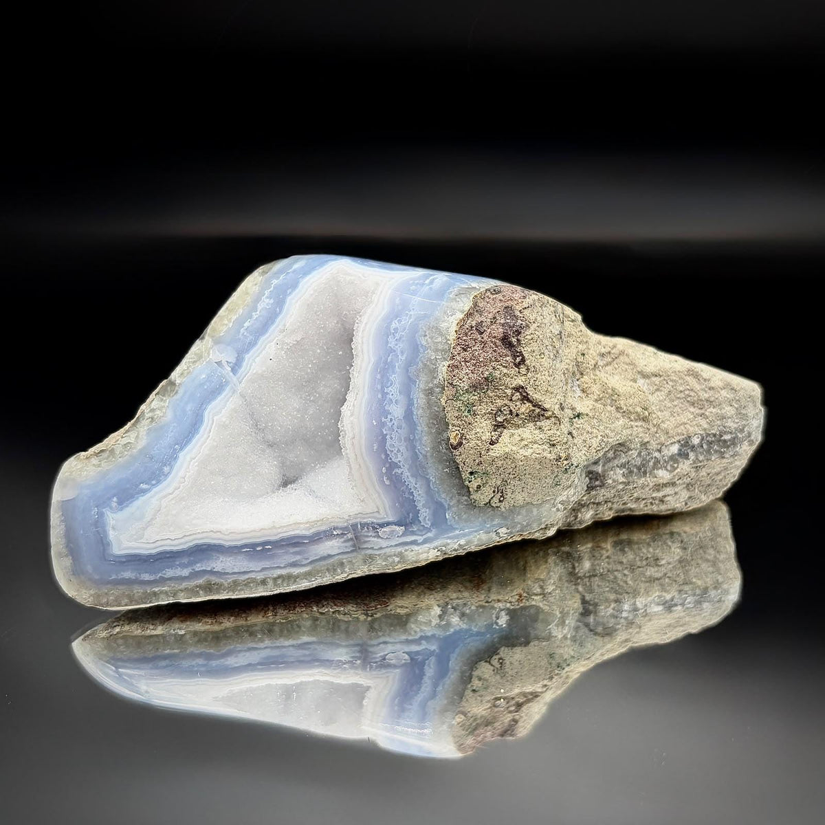 Blue Lace Agate crystal geode from Malawi with natural sparkling druzy and polished finish.