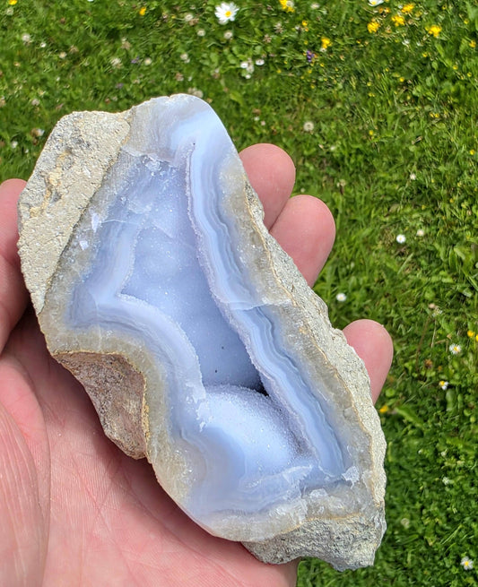 Large Blue Lace Agate geode with intricate bands