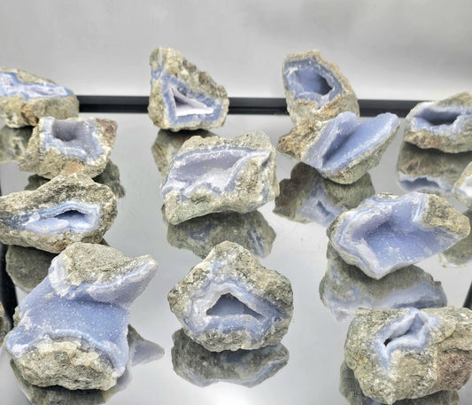 Rough Blue Lace Agate Geode with natural druzy from Malawi, a stunning crystal piece.