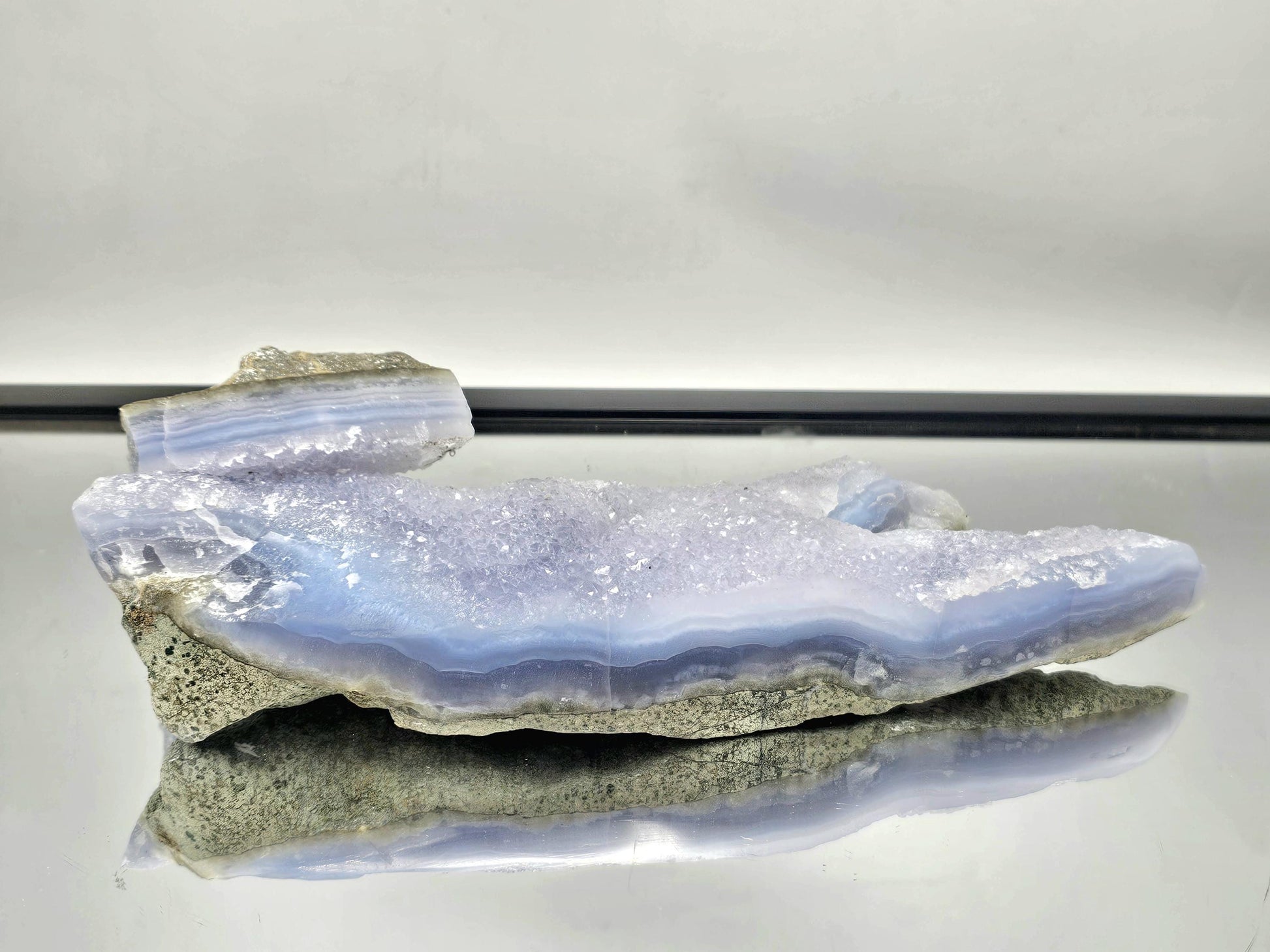large polished Blue Lace Agate geode with natural Quartz druzy.