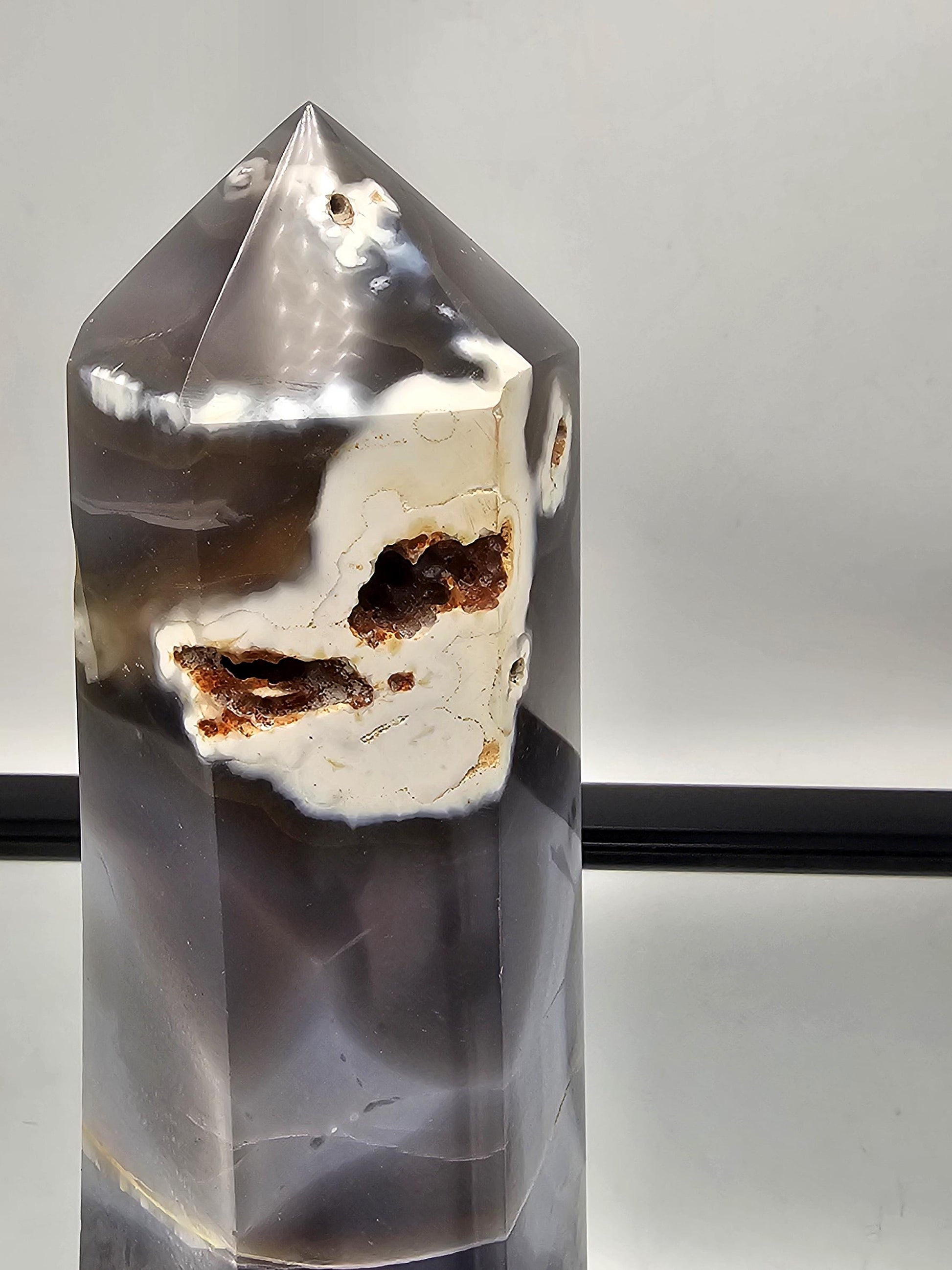 Blue and white Orca Agate tower, ideal for home or office decor.