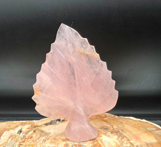 Botanical Rose Quartz leaf décor hand carved from genuine Madagascan crystal.