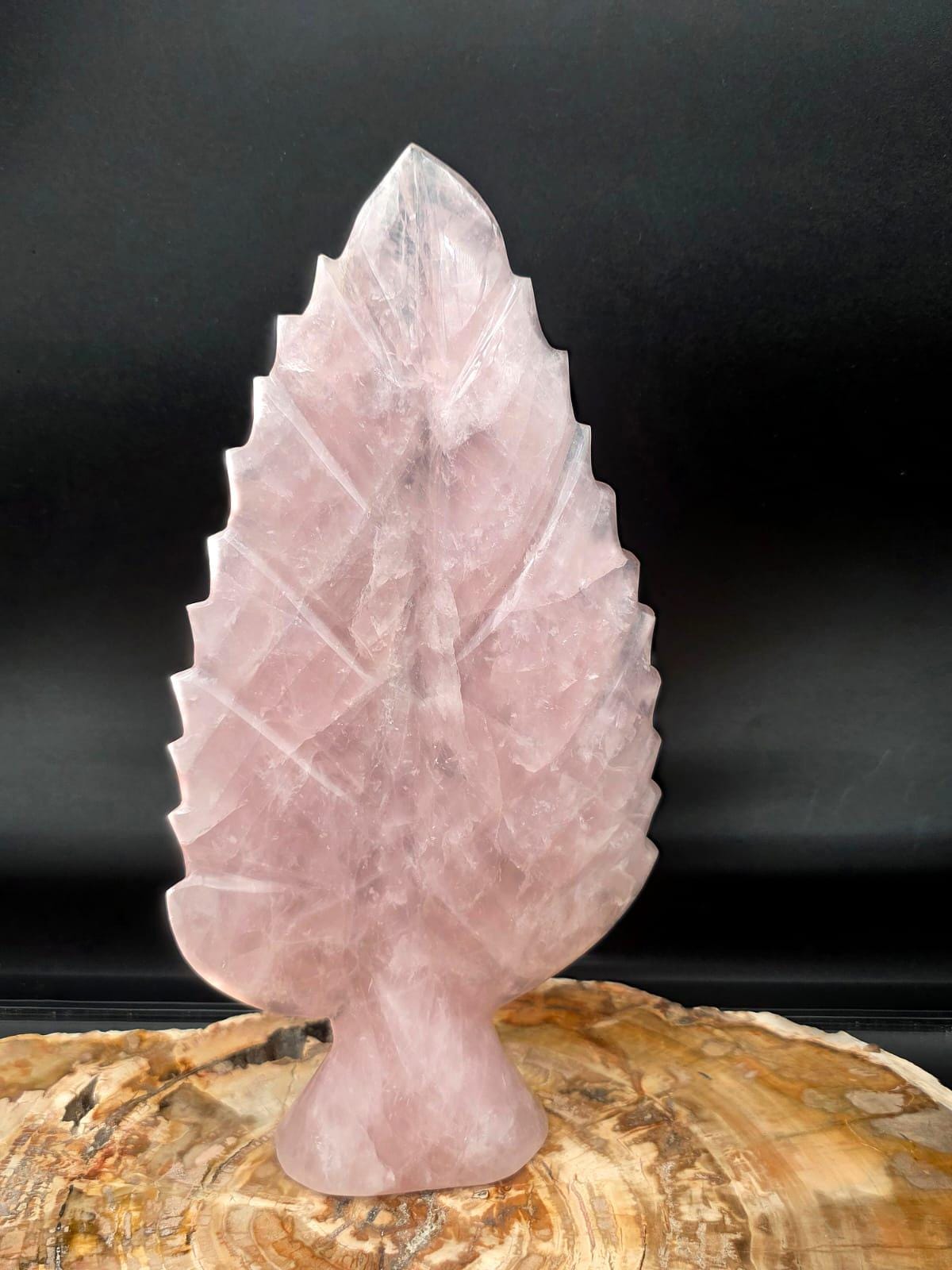 Botanical Rose Quartz sculpture hand carved from genuine crystal.