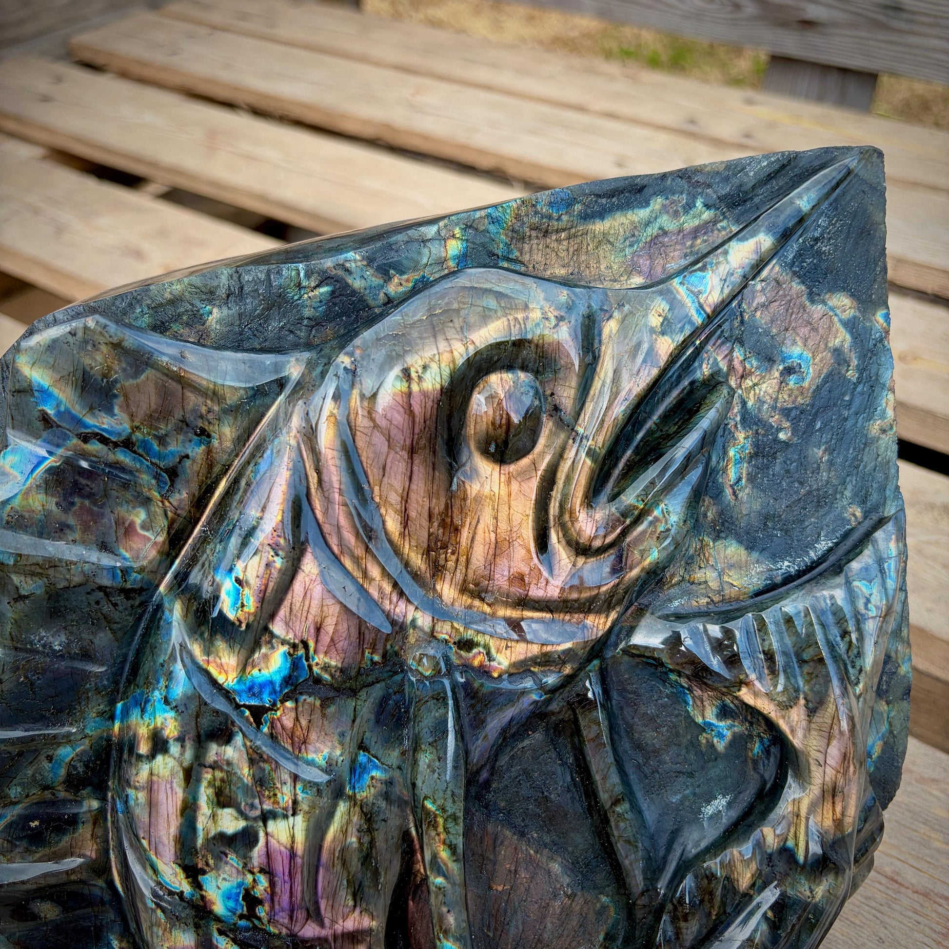 Premium Labradorite freeform featuring a hand-carved fish